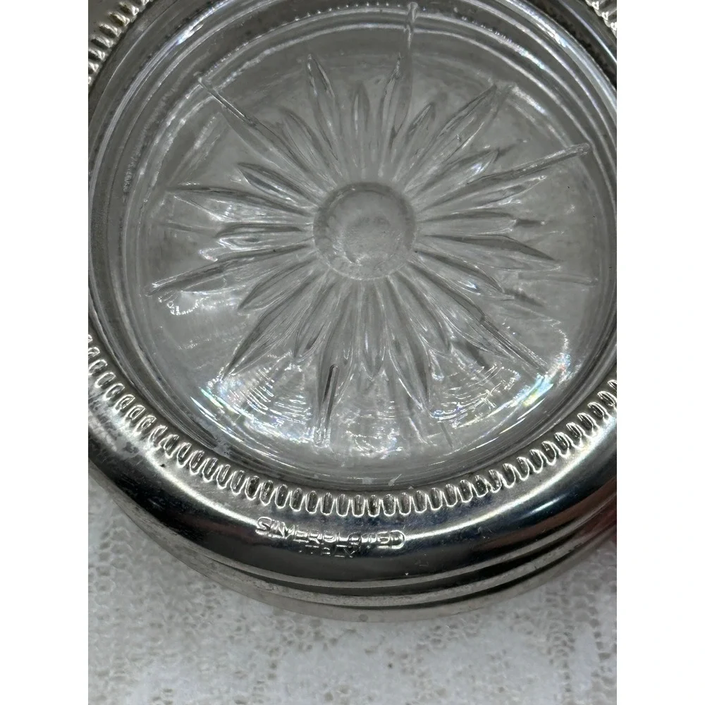 Vintage Silver Plated Glass Coasters Set of 3 Starburst Sunburst Italy Barware